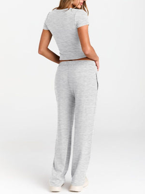 Back view of round neck tee and pants set