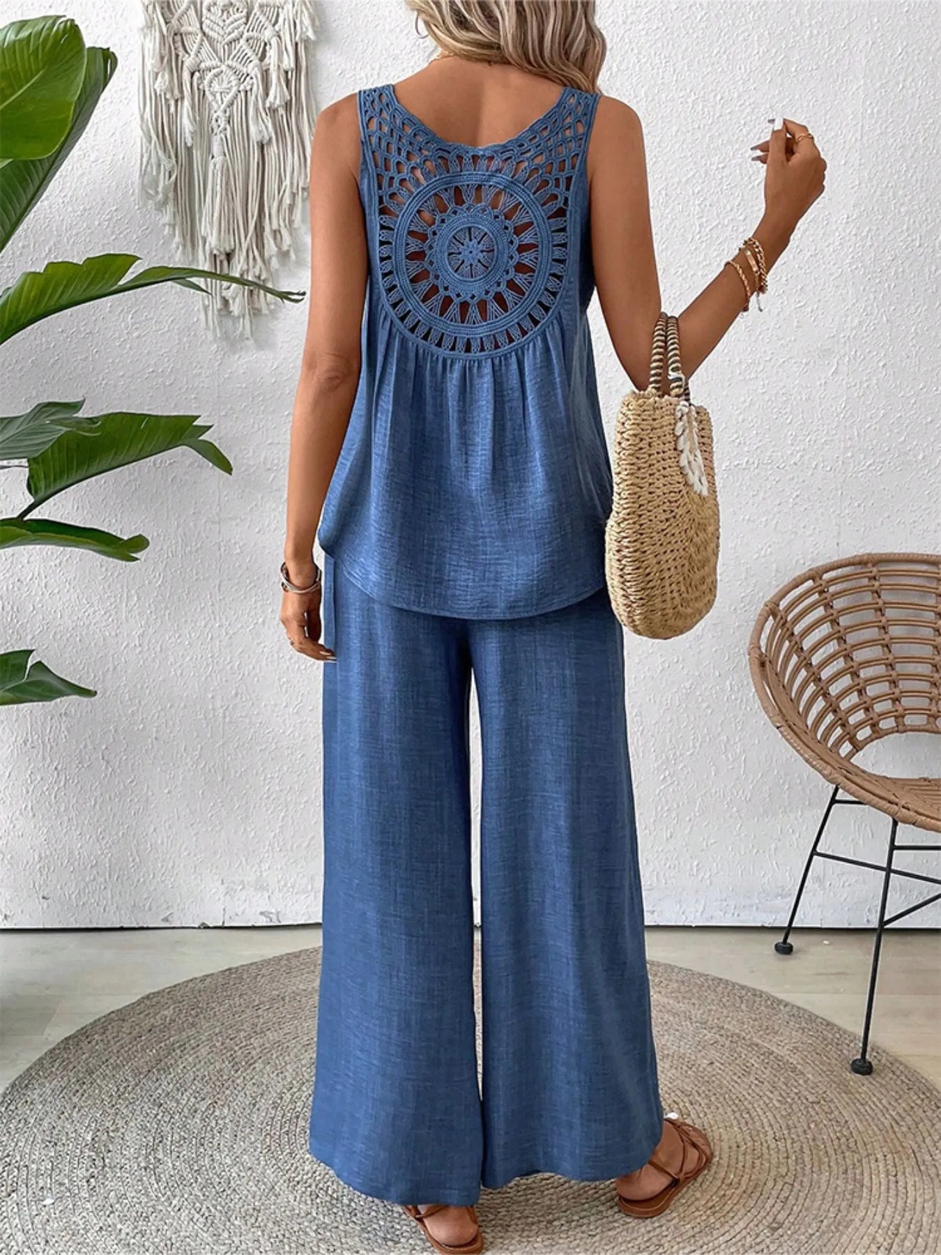 Back view of Round Neck Tank and Wide Leg Pants Set