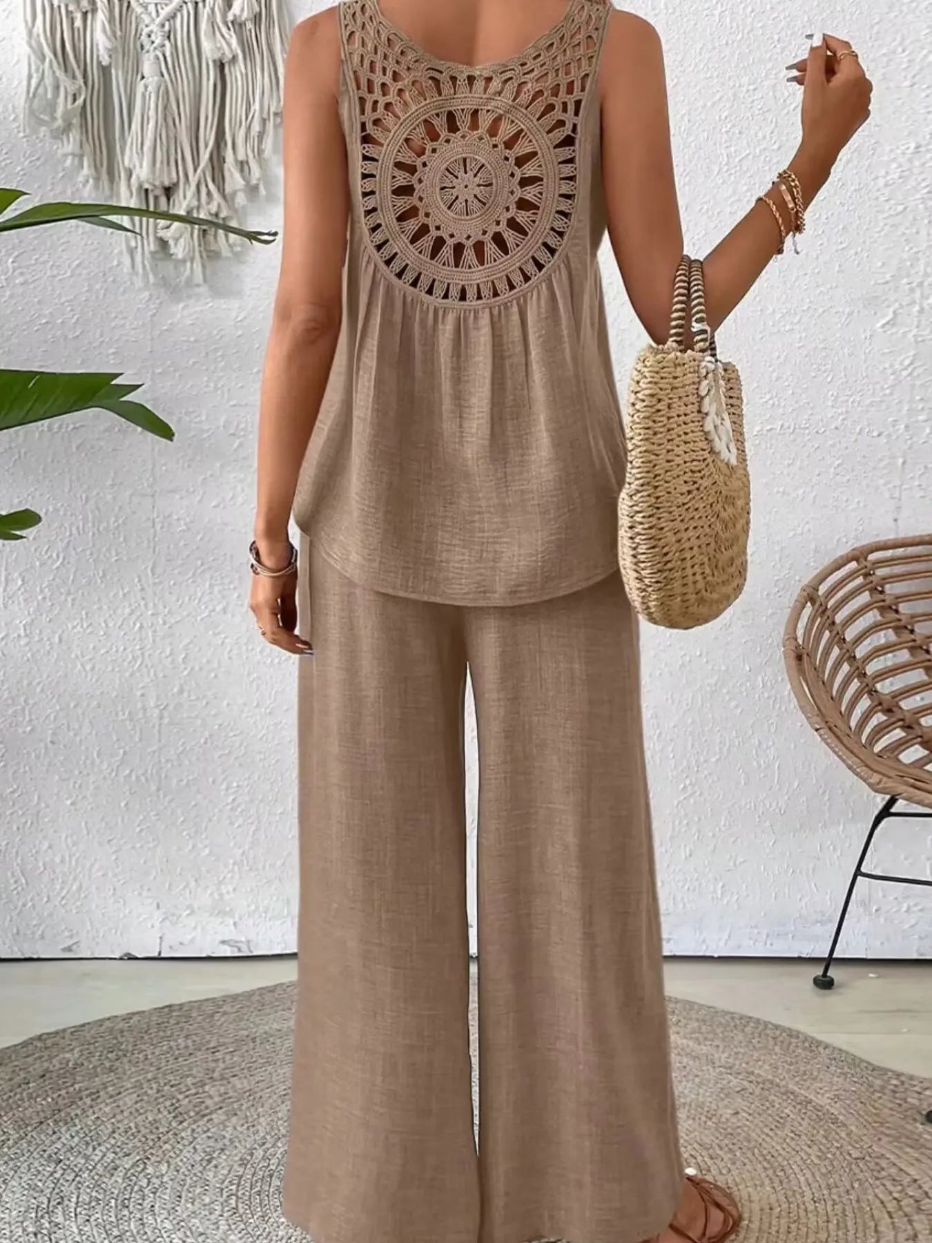 Back full-length view of Round Neck Tank and Wide Leg Pants Set