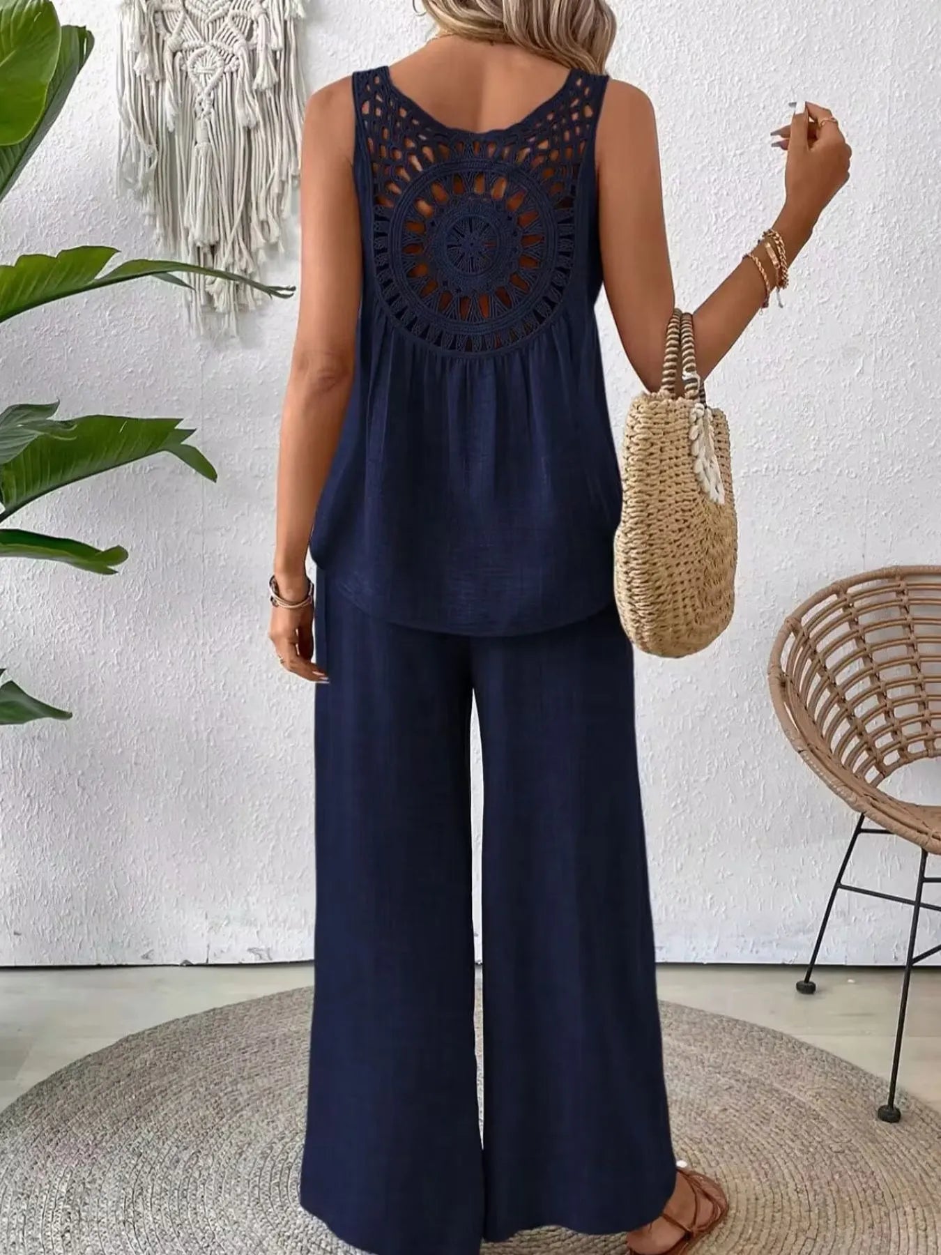 Back clean view of Round Neck Tank and Wide Leg Pants Set