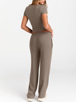 Back full look of round neck short sleeve set