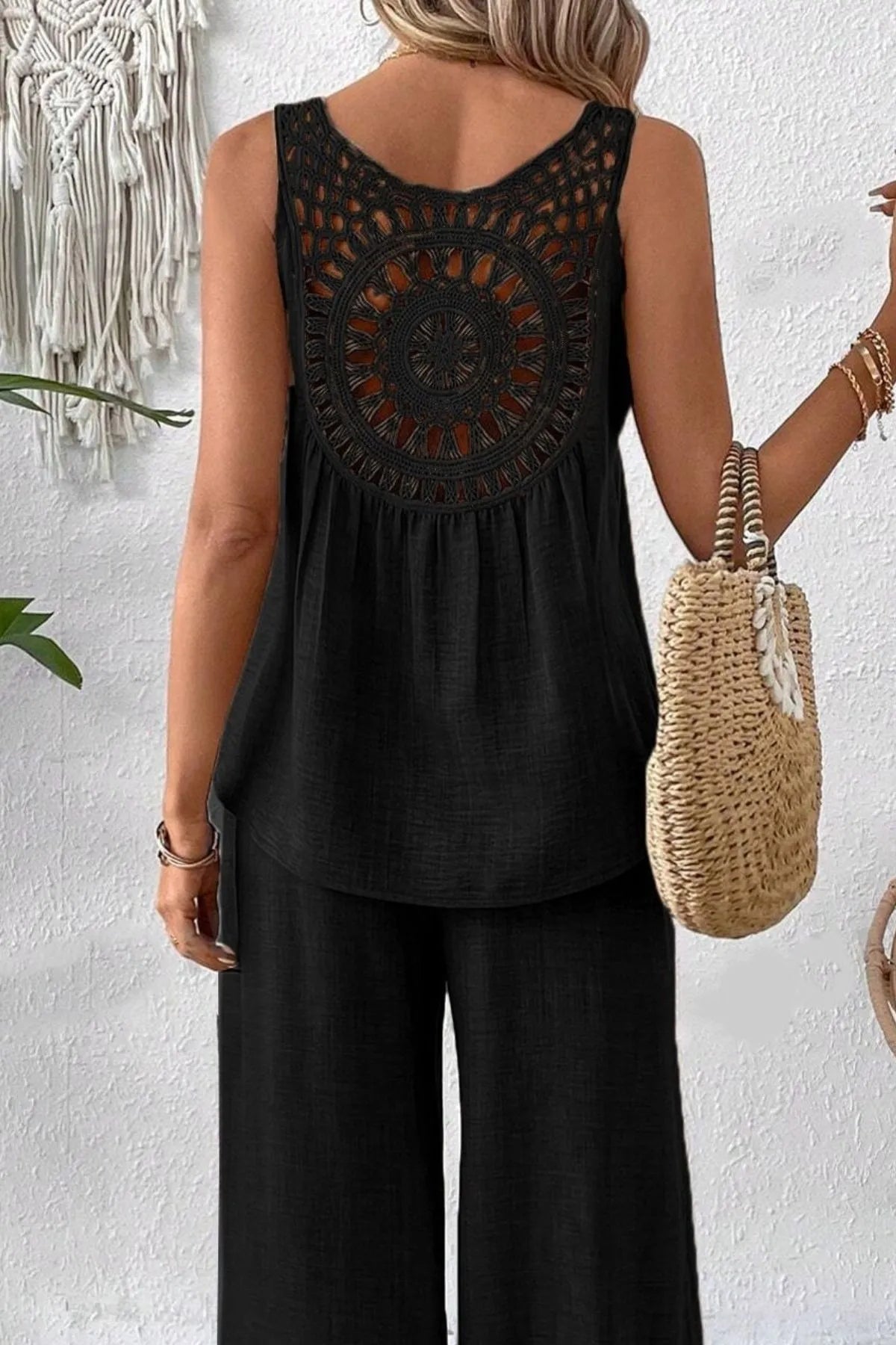 Final back view of Round Neck Tank and Wide Leg Pants Set