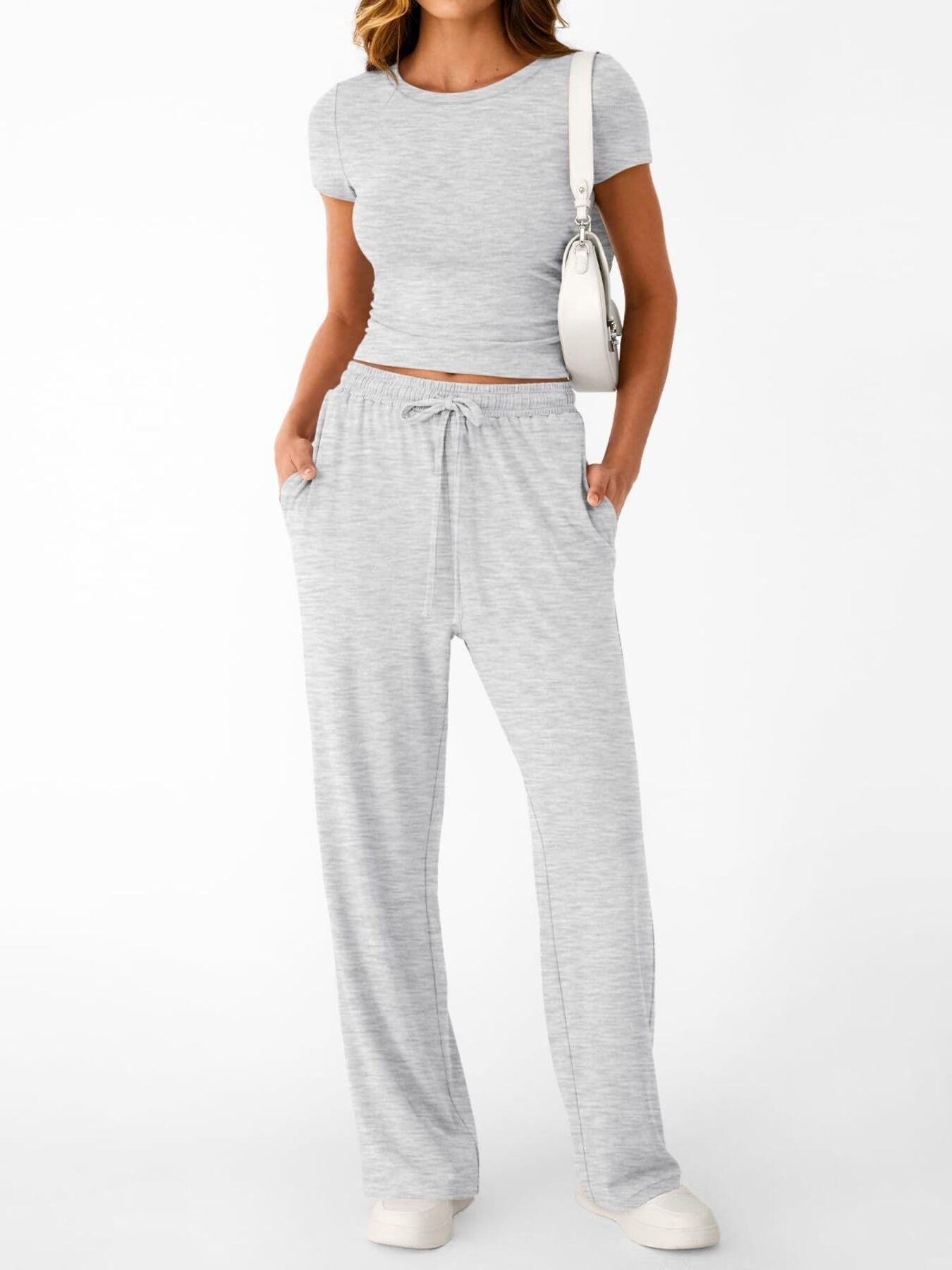 Front view of round neck short sleeve tee and pants set