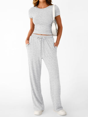 Front view of round neck short sleeve tee and pants set