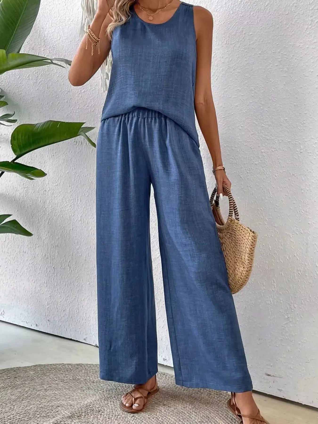 Front styled view of Round Neck Tank and Wide Leg Pants Set
