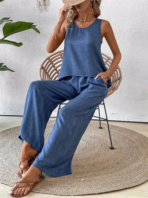 Front detail of Round Neck Tank and Wide Leg Pants Set