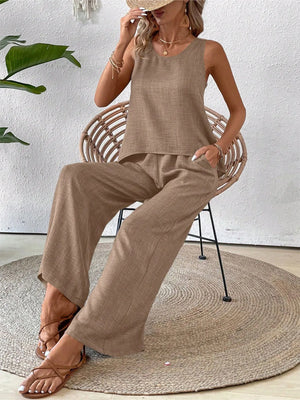 Front full-length view of Round Neck Tank and Wide Leg Pants Set