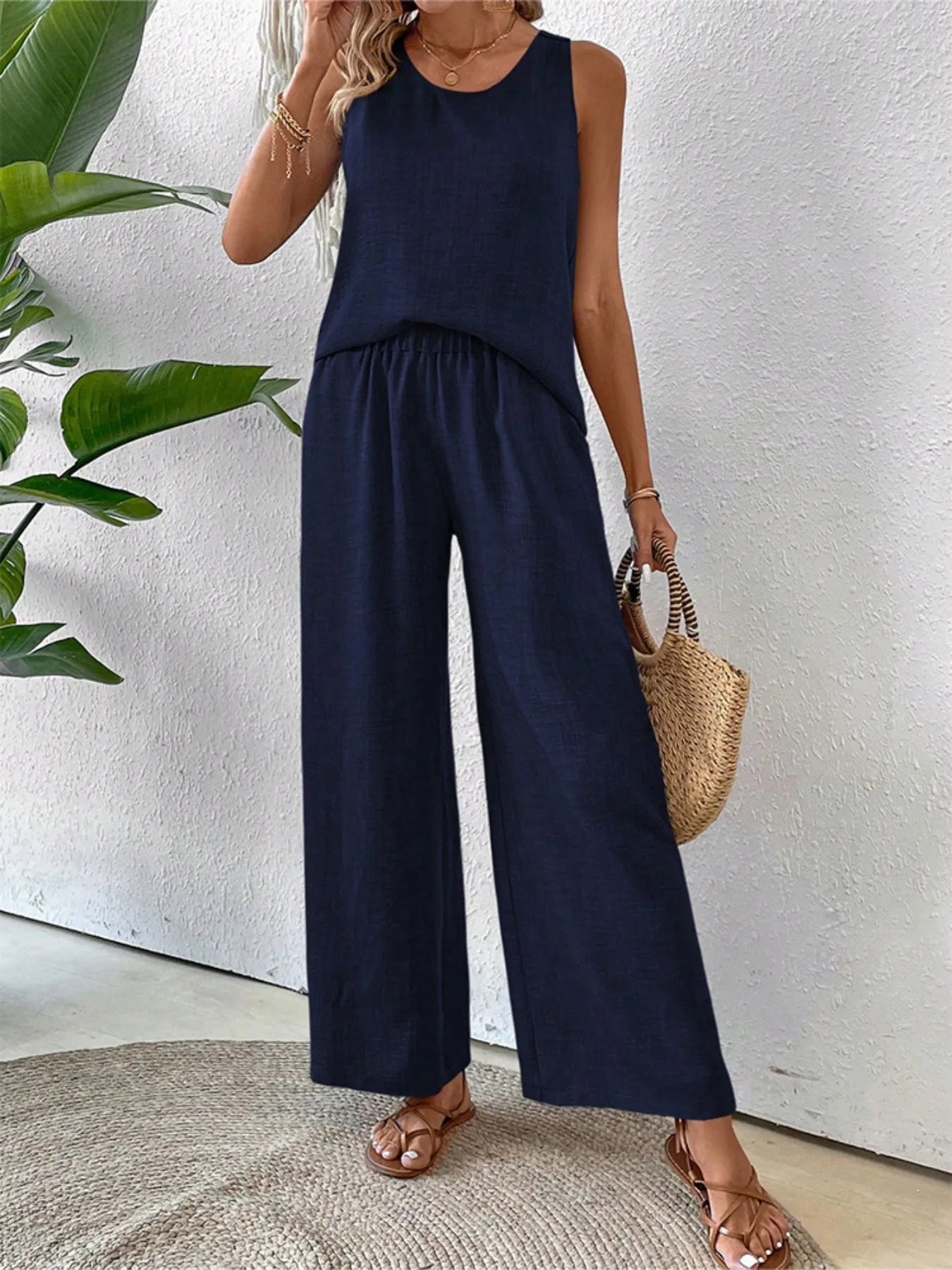 Front clean look of Round Neck Tank and Wide Leg Pants Set