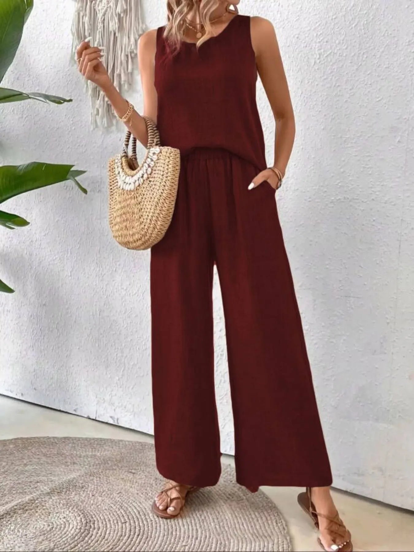 Front modern look of Round Neck Tank and Wide Leg Pants Set