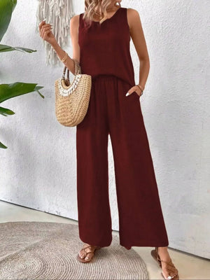 Front modern look of Round Neck Tank and Wide Leg Pants Set