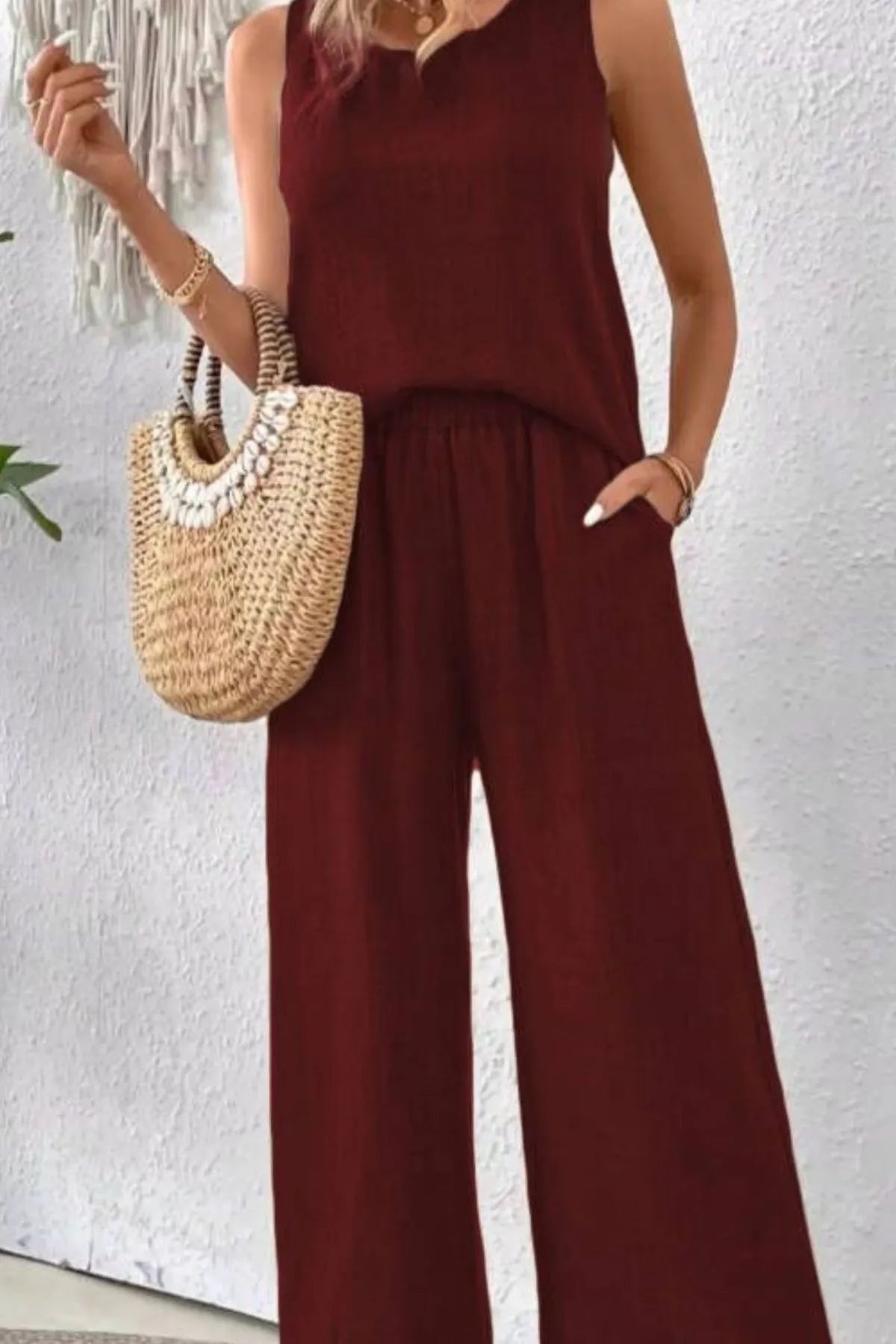 Front casual view of Round Neck Tank and Wide Leg Pants Set
