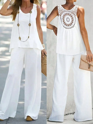 Front and back view of Round Neck Tank and Wide Leg Pants Set