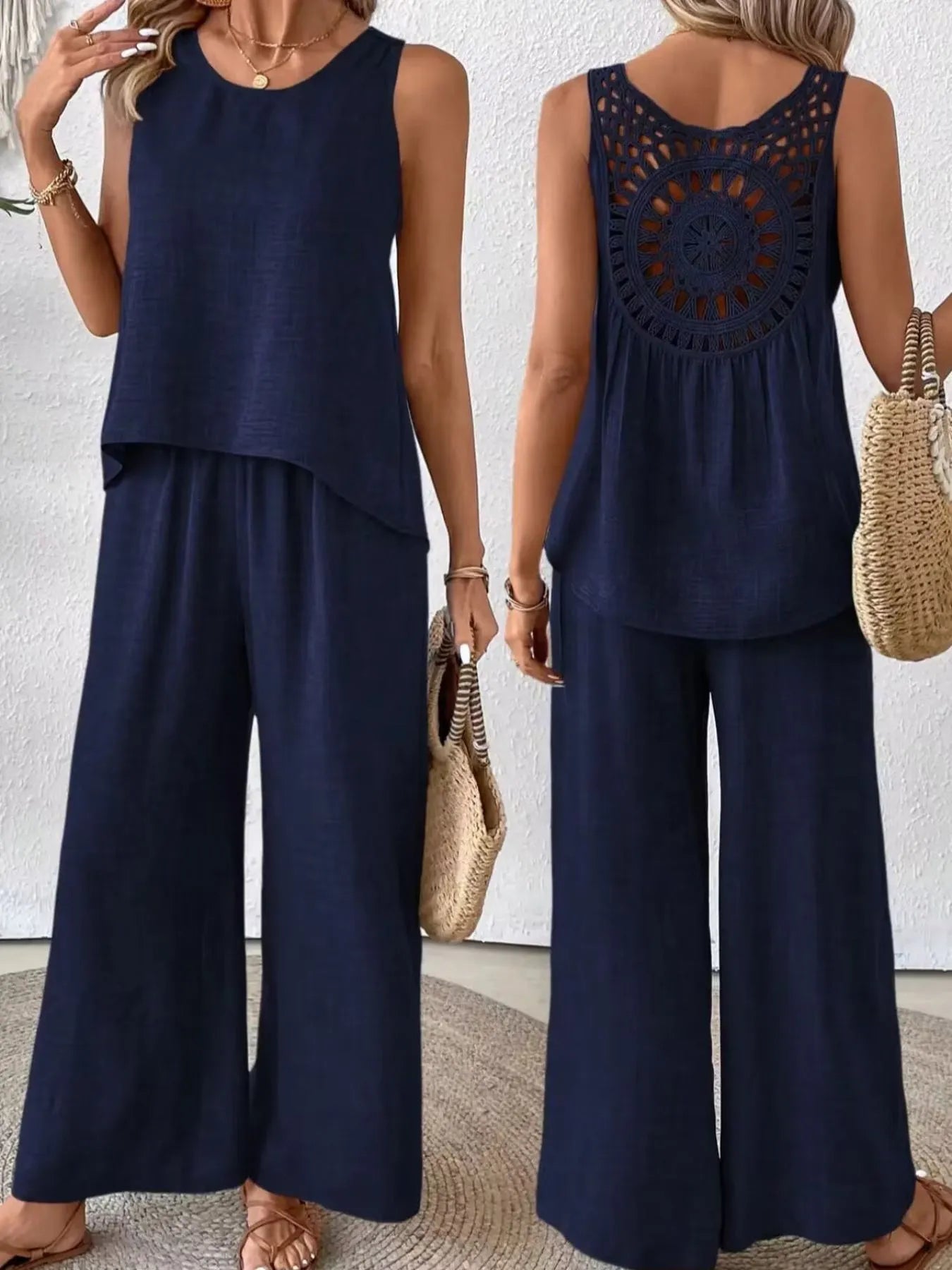 Front and back combined view of Round Neck Tank and Wide Leg Pants Set