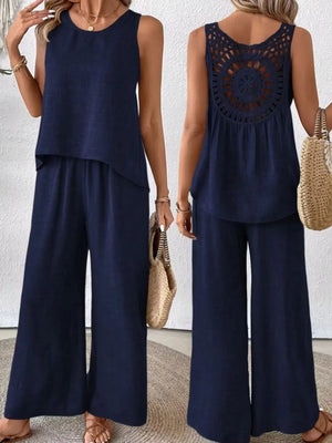 Front and back combined view of Round Neck Tank and Wide Leg Pants Set