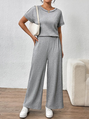 Front look of round neck short sleeve top and pants