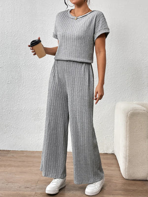 Side angle of round neck short sleeve top and pants set