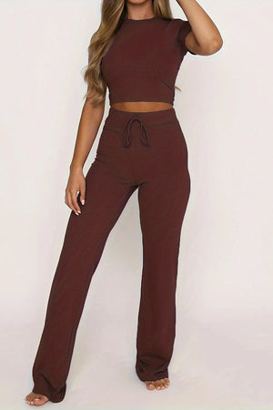 Front view of round neck short sleeve top and pants set