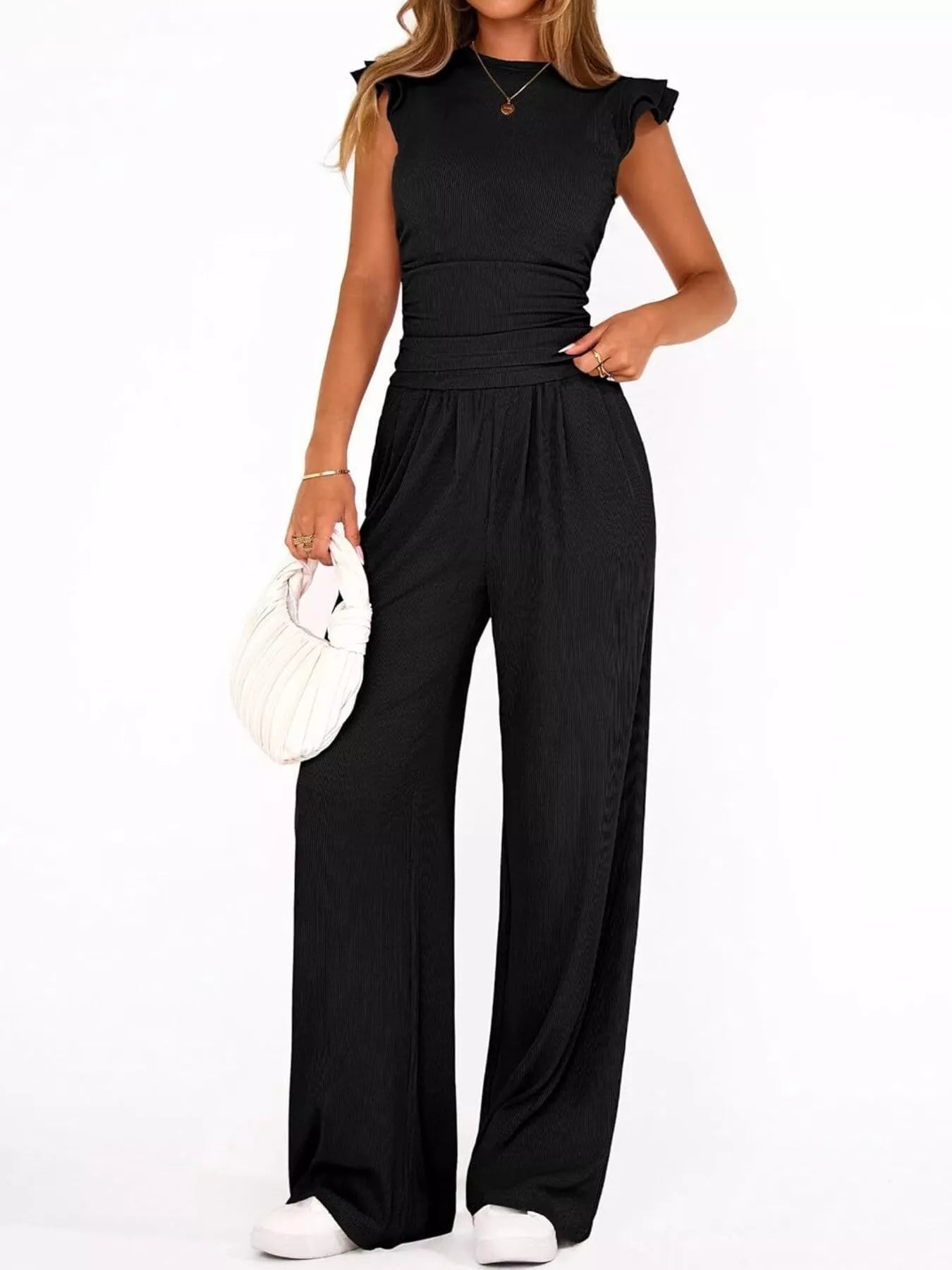 Women’s ruffled mock neck outfit front style