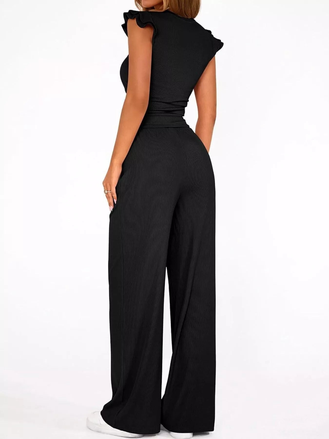 Ruffled mock neck top and pants set back view