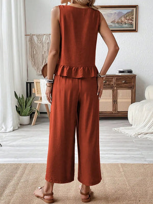 Back view of ruffled round neck top and pants set