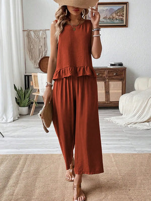 Stylish front look of ruffled top and wide leg pants set