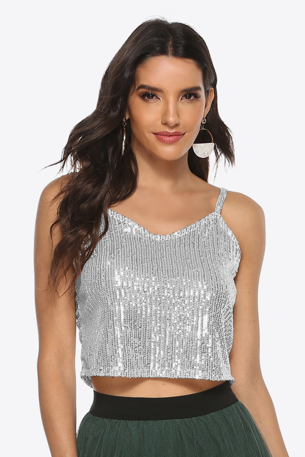Trendy sequin cropped cami front look