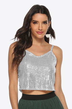 Trendy sequin cropped cami front look