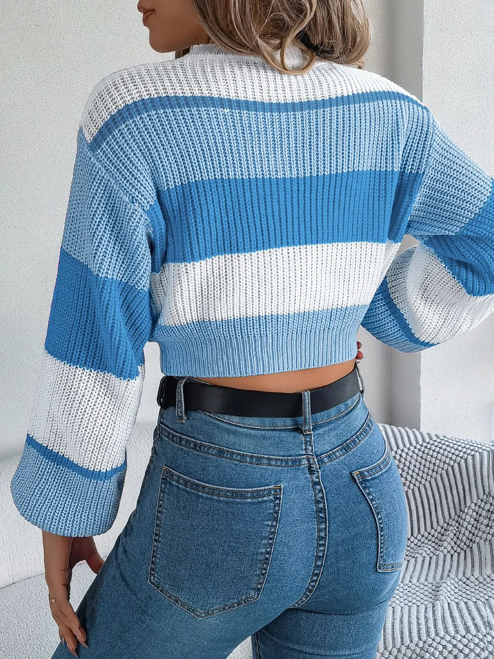 Color Block Round Neck Cropped Sweater – Back View