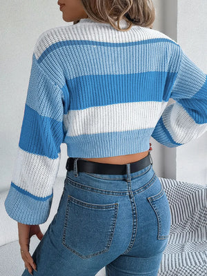 Color Block Round Neck Cropped Sweater – Back View