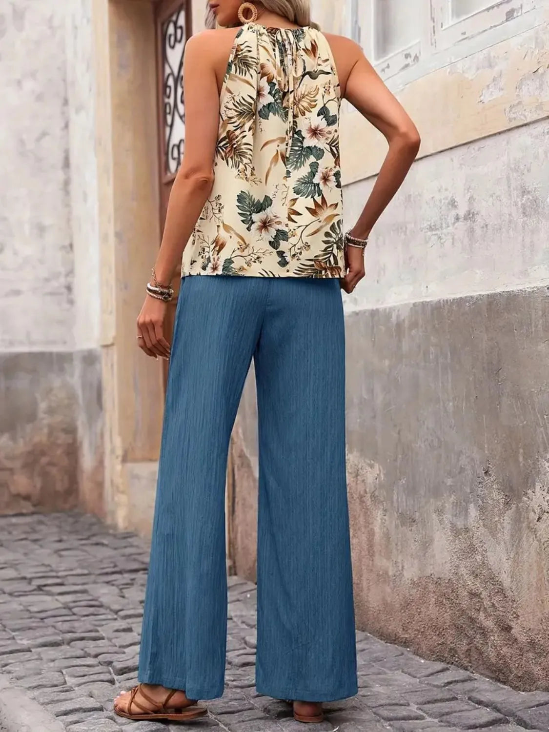 Printed tank top and wide leg pants set rear view