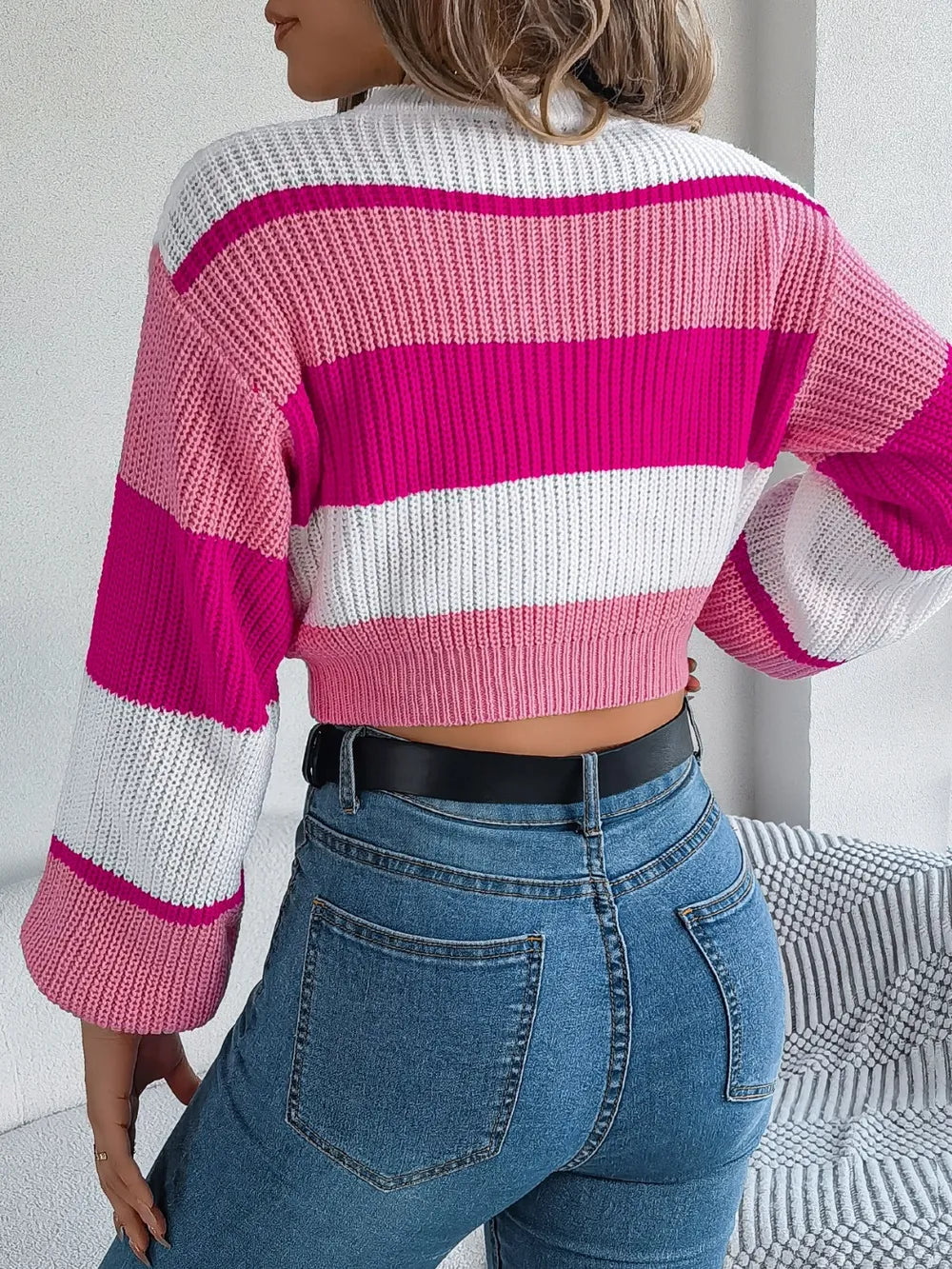 Color Block Round Neck Cropped Sweater – Back View