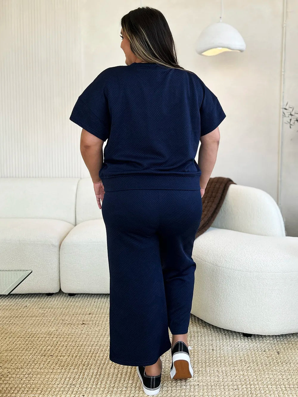 Back view of Double Take Full Size Texture Top and Pants Set