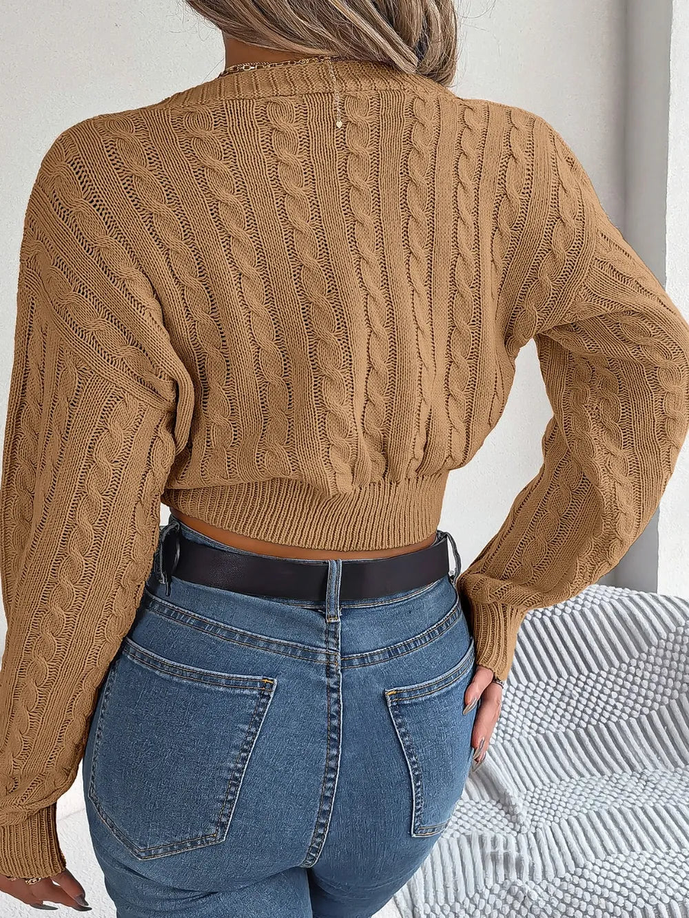 Twisted cable knit sweater back view simple long sleeve design