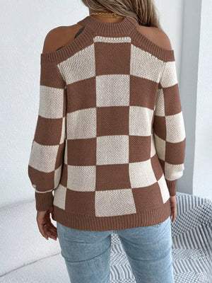 Back side of long sleeve checkered sweater