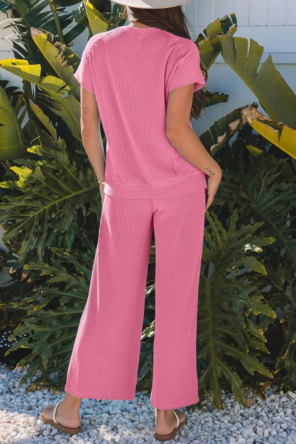 Back view of Corded Knit Short Sleeve T-Shirt and Wide Leg Pants Set