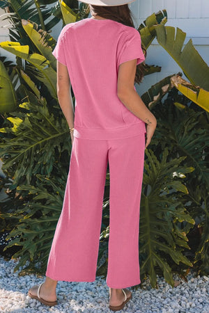 Back view of Corded Knit Short Sleeve T-Shirt and Wide Leg Pants Set