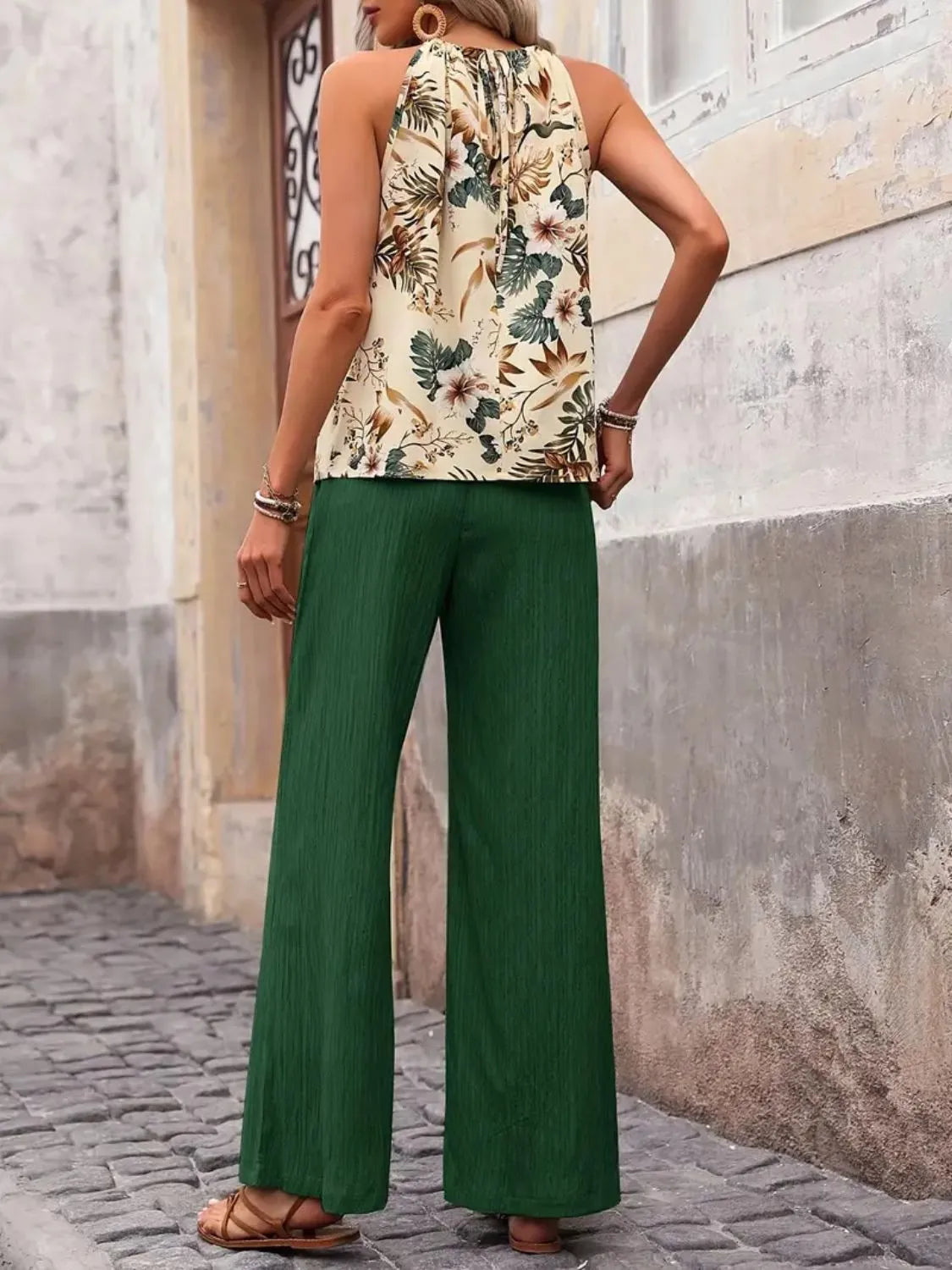 Printed tank top and wide leg pants set back view