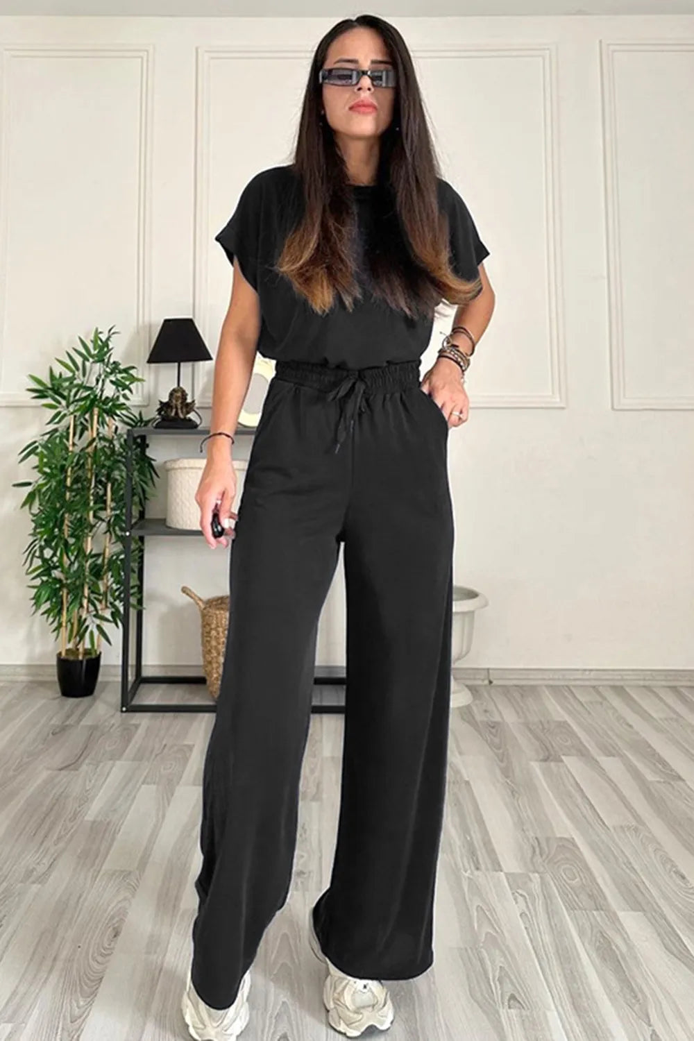 Round Neck Short Sleeve Top and Drawstring Pants Set – front view