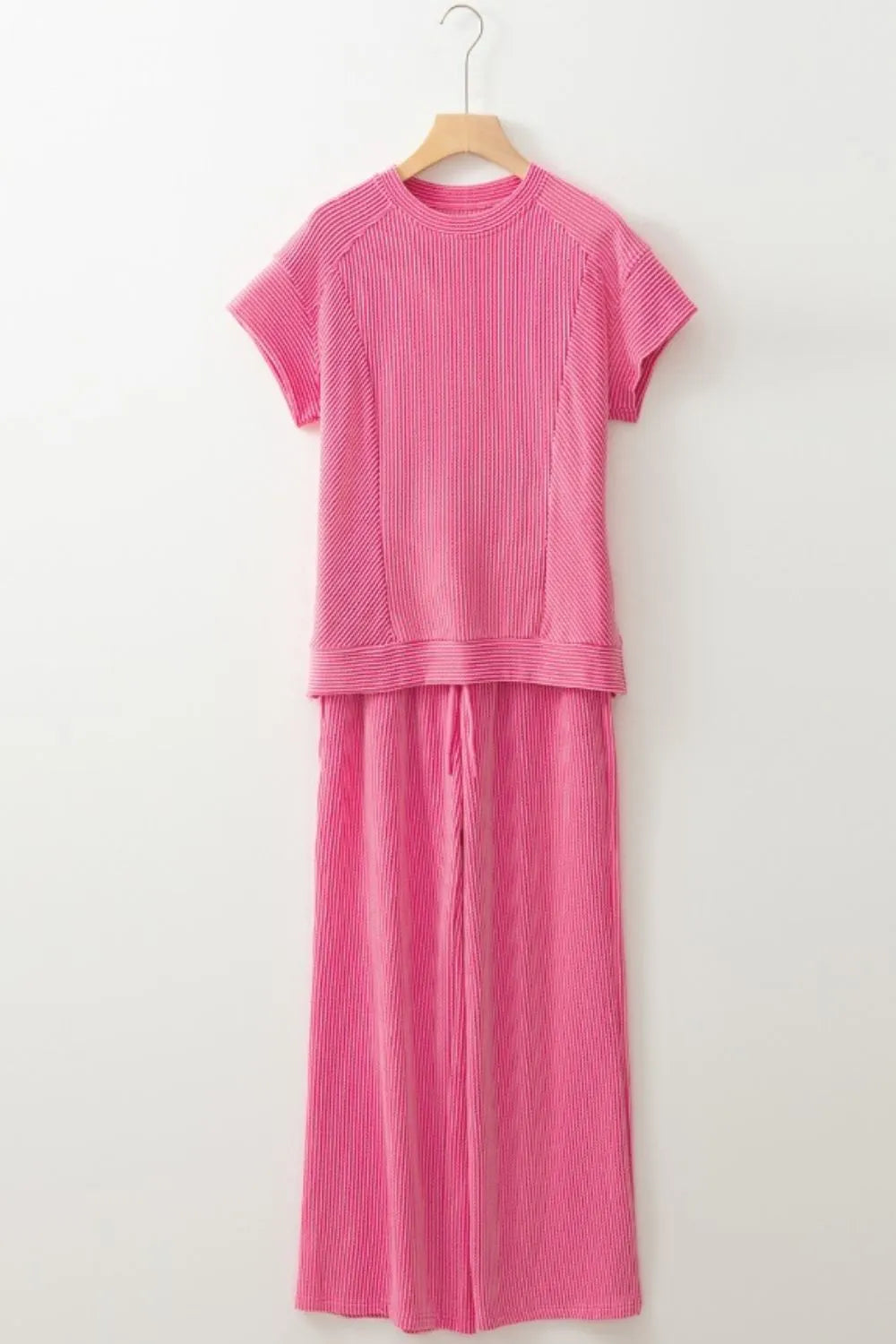 Corded Knit Short Sleeve T-Shirt and Wide Leg Pants Set apparel only display