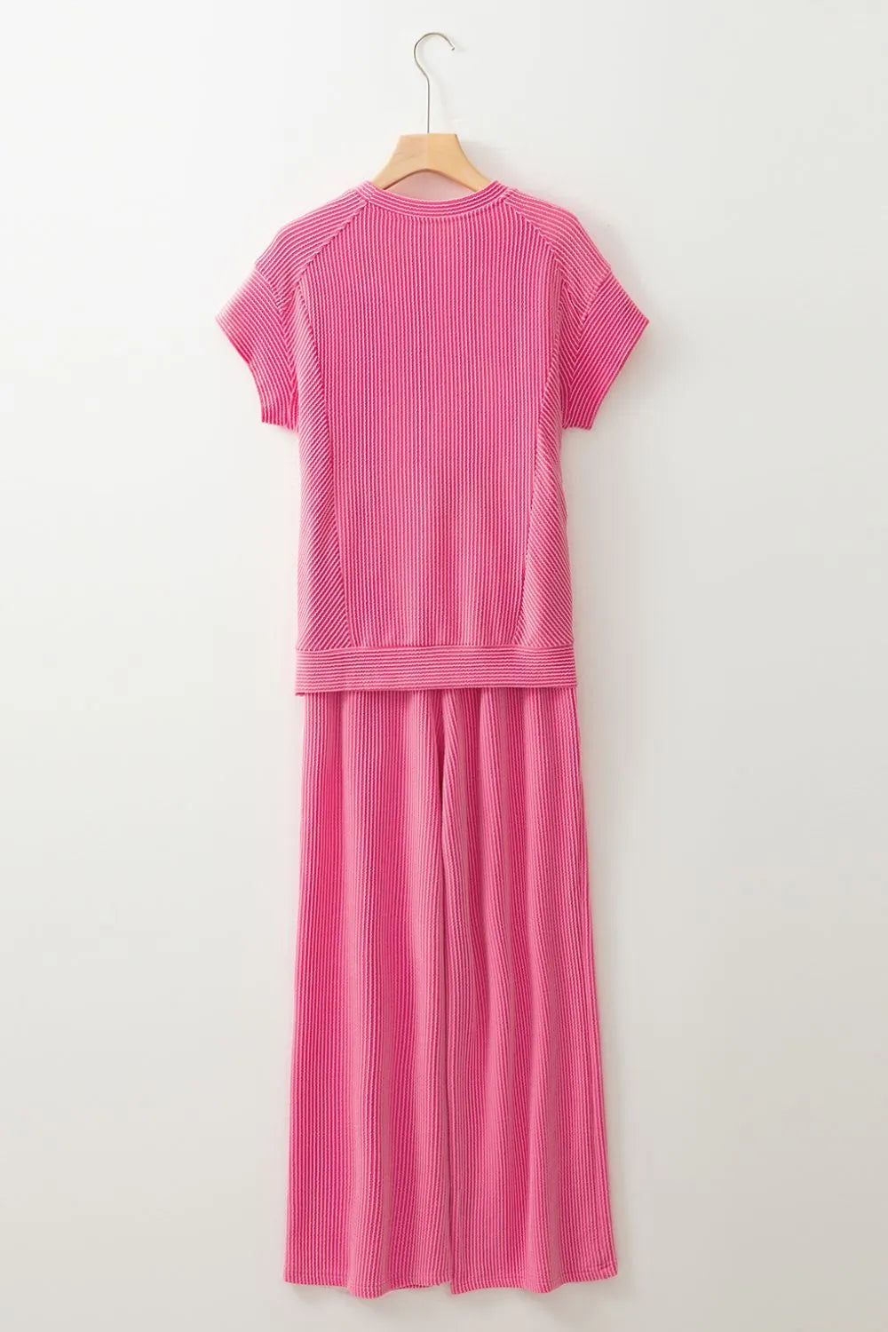 Flat lay of Corded Knit Short Sleeve T-Shirt and Wide Leg Pants Set