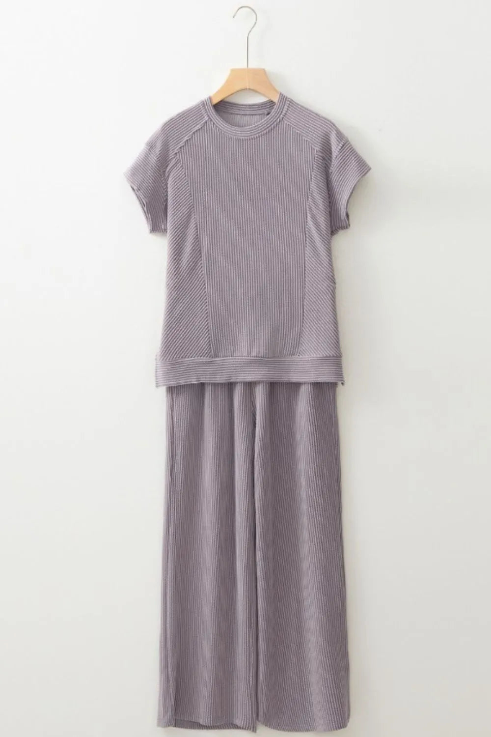 Apparel-only image of Corded Knit Short Sleeve T-Shirt and Wide Leg Pants Set