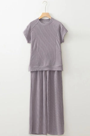 Apparel-only image of Corded Knit Short Sleeve T-Shirt and Wide Leg Pants Set