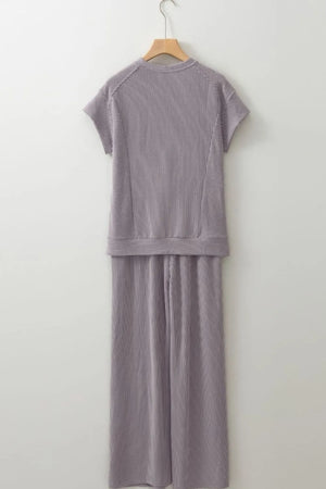 Flat lay apparel image of Corded Knit Short Sleeve T-Shirt and Wide Leg Pants Set