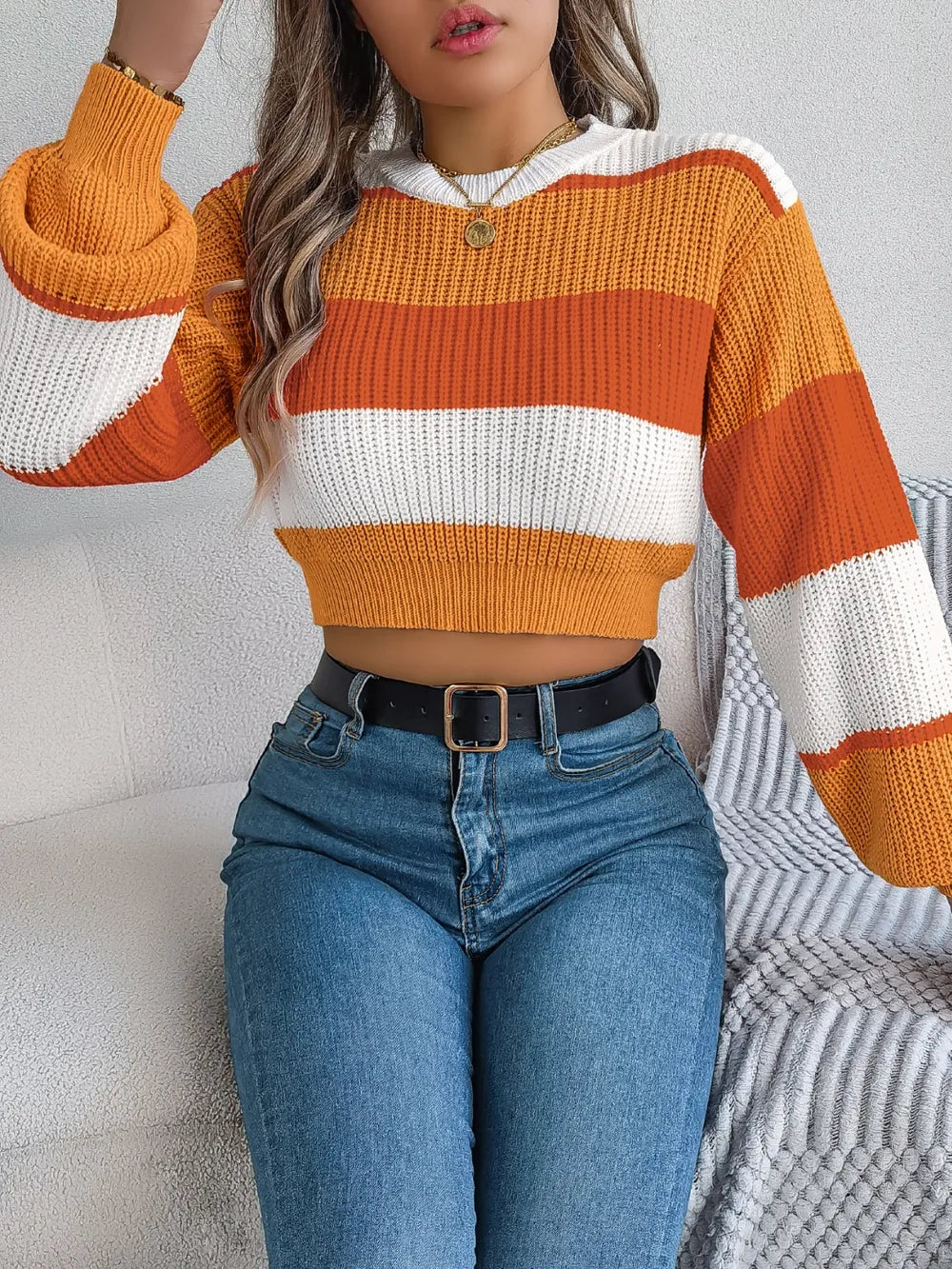 Color Block Round Neck Cropped Sweater – Front View