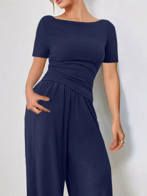 Front view of round neck short sleeve t-shirt and pants set