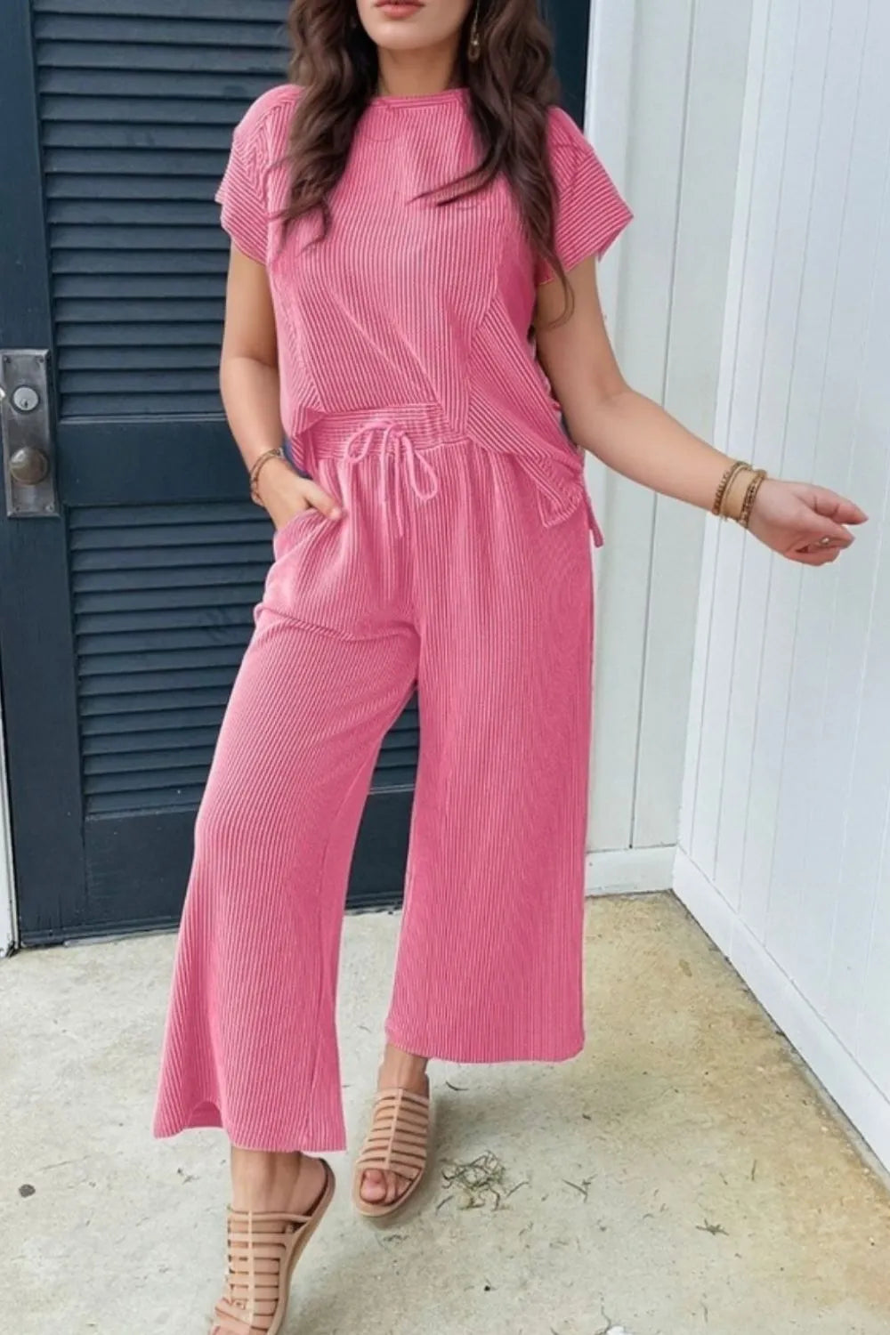 Front angle of Corded Knit Short Sleeve T-Shirt and Wide Leg Pants Set