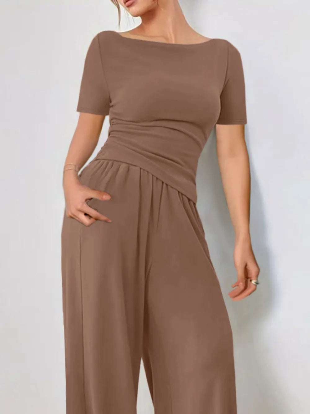 Front view of round neck short sleeve t-shirt and pants set