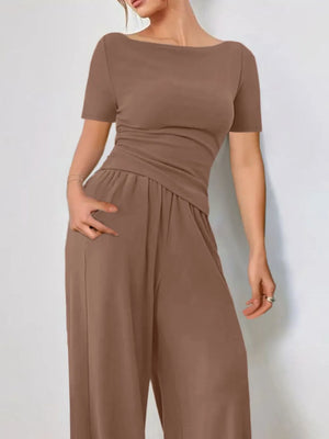 Front view of round neck short sleeve t-shirt and pants set