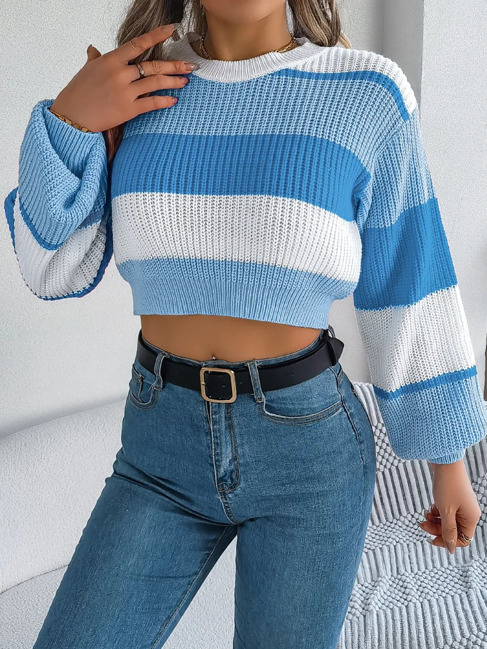 Color Block Round Neck Cropped Sweater – Front View