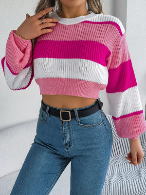 Color Block Round Neck Cropped Sweater – Front View